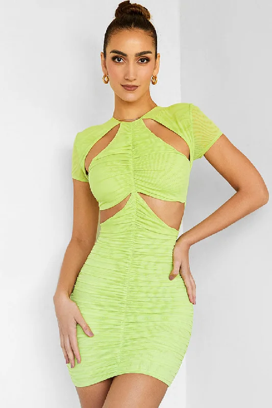 Stylish Short Sleeve Bodycon Ruched Cutout Club Mini Dress - Green Fashionable Button-Front Mini Dress