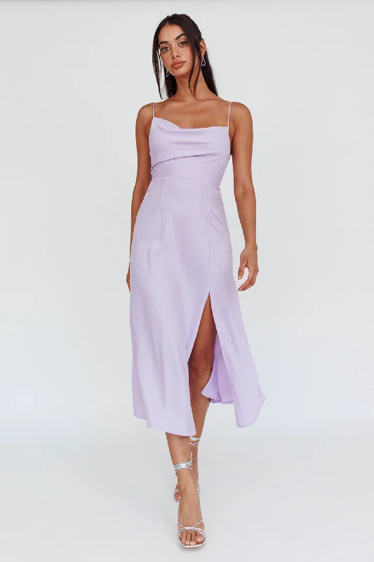 Suki Front Split Midi Dress Lilac Trendy Off-Shoulder Button Midi Dress