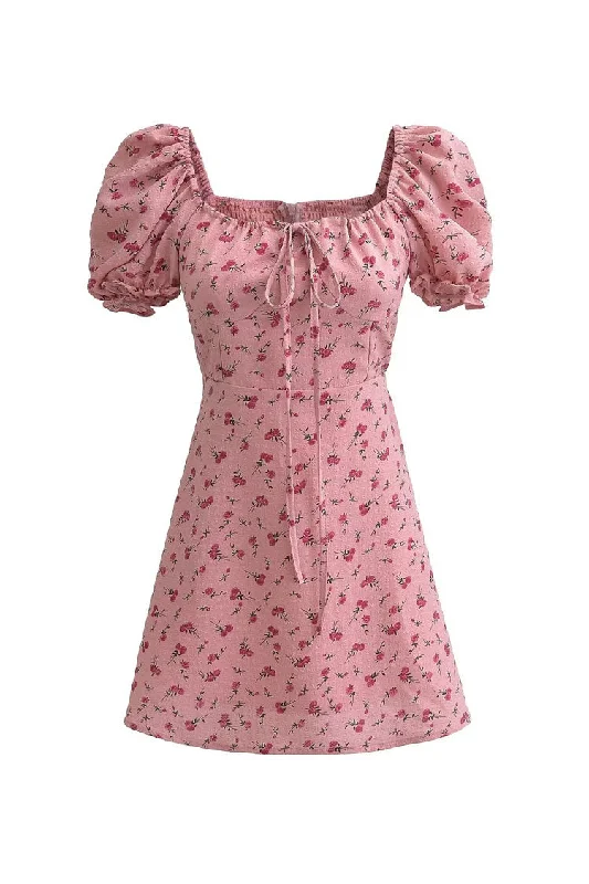 Sweet Bow Tie Square Neck Puff Sleeve Cotton Seersucker Floral Mini Dress Casual Mini Dress with Pockets