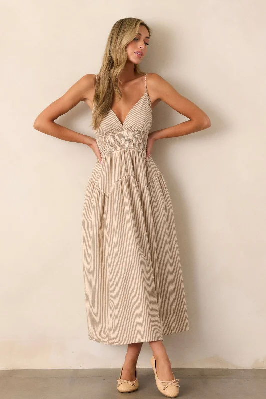 Sweet Harmony Tan Stripe Sleeveless Midi Dress Chic Lace Detail Midi Dress