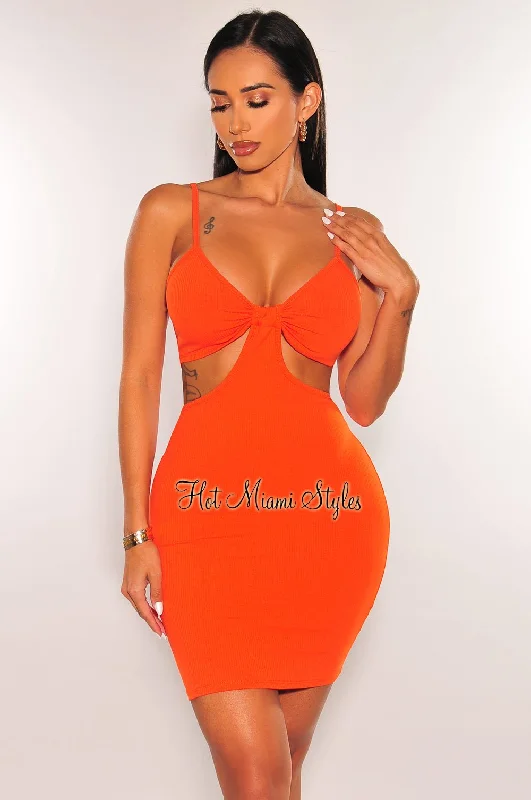 Tangerine Ribbed Spaghetti Straps Knotted Cut Out Mini Dress Fashionable Boho-Chic Mini Dress