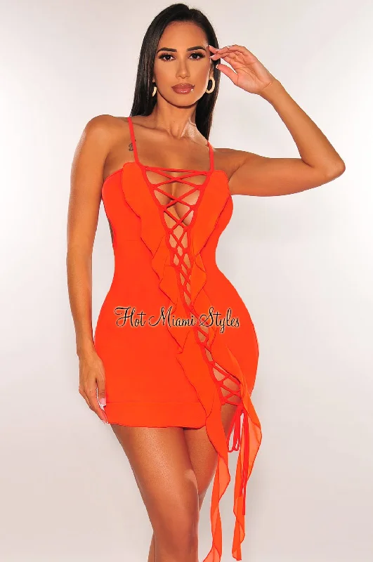 Tangerine Spaghetti Straps Lace Up Ruffle Strappy Back Mini Dress Cozy A-Line Mini Dress