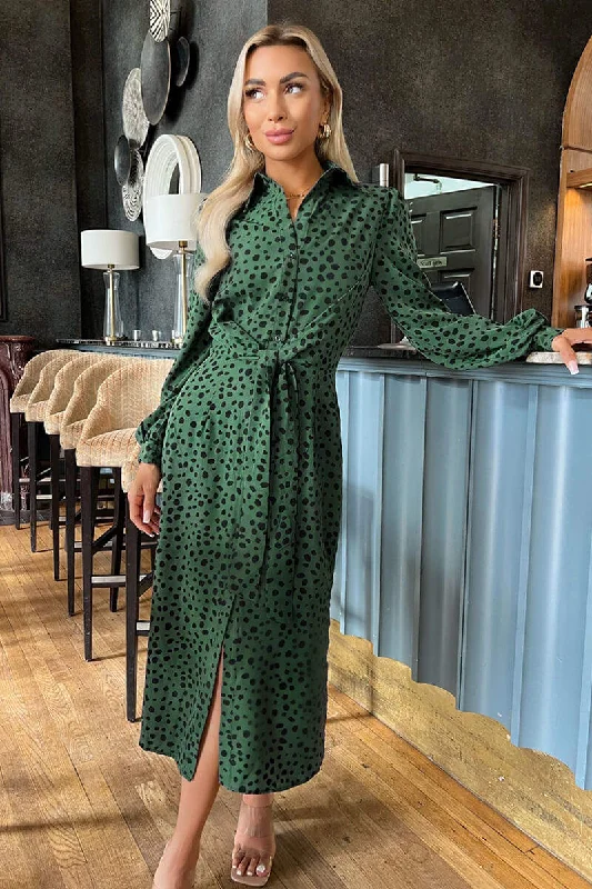 Teal Printed Tie Waist Button Front Shirt Midi Dress Trendy Bodycon Midi Dress