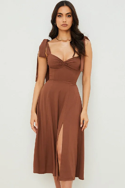 Tie Strap Fit & Flare High Slit Slip Midi Dress - Chocolate Fashionable Polka Dot Midi Dress