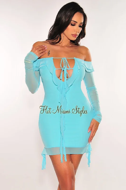 Turquoise Mesh Off Shoulder Tie Up Long Sleeve Ruffle Mini Dress Trendy Mesh Mini Dress