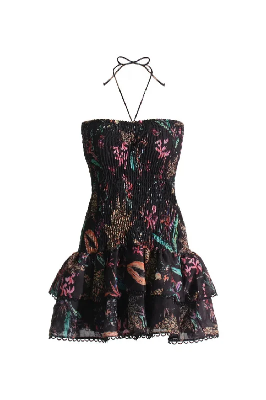 Vintage Halter Tie Scalloped Strapless Smocked Ruffle Floral Print Mini Dress Chic Puff Sleeve Mini Dress