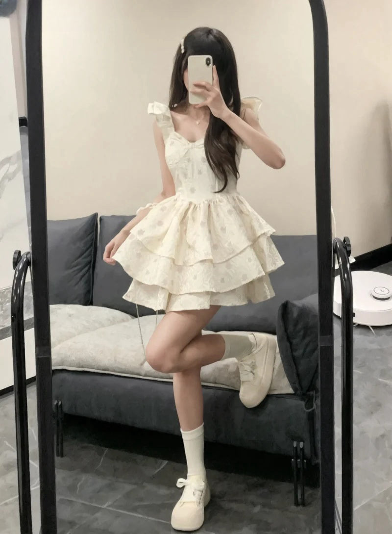 Vintage-Inspired Ruffles Print Summer Mini Dress Fashionable Pleated Mini Dress