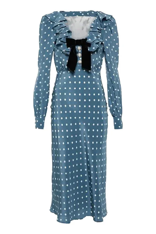 Vintage Ruffle Bow Trim Bishop Sleeve Chiffon Polka Dot Printed Midi Dress Chic Off-Shoulder Midi Dress