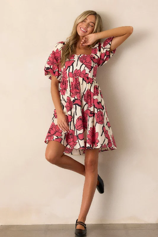 Whispering Moonlight 100% Cotton Red Floral Mini Dress Classic Shift Mini Dress