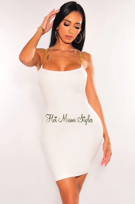 White Gold Chain Straps Cut Out Strappy Back Mini Dress Elegant Silk Mini Dress