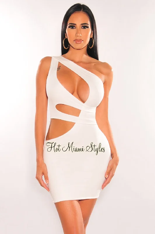 White One Shoulder Cut Out Mini Dress Fashionable Mini Dress with Pockets