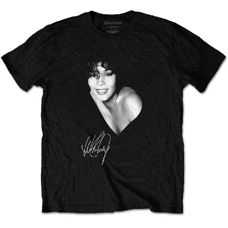 Whitney Houston | Official Band T-Shirt | B&W Photo Striped Floral Plaid