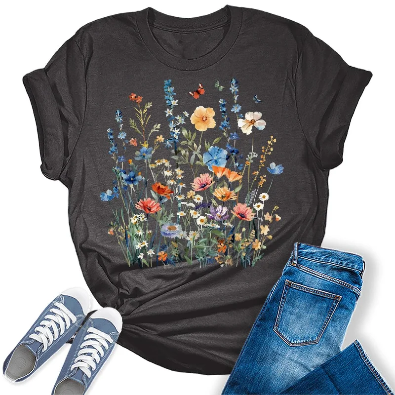 Wildflower Summer Floral Graphic Tees For Women Asymmetrical Pockets Print