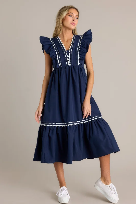 Wishful Thinking Navy Flutter Sleeve Midi Dress Stylish Pleated Skirt Midi Dress