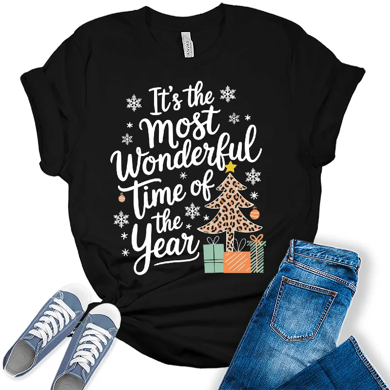 Women's Most Wonderful Time of The Year Plaid Christmas Graphic Tees Collared Crew Neck Turtle Neck