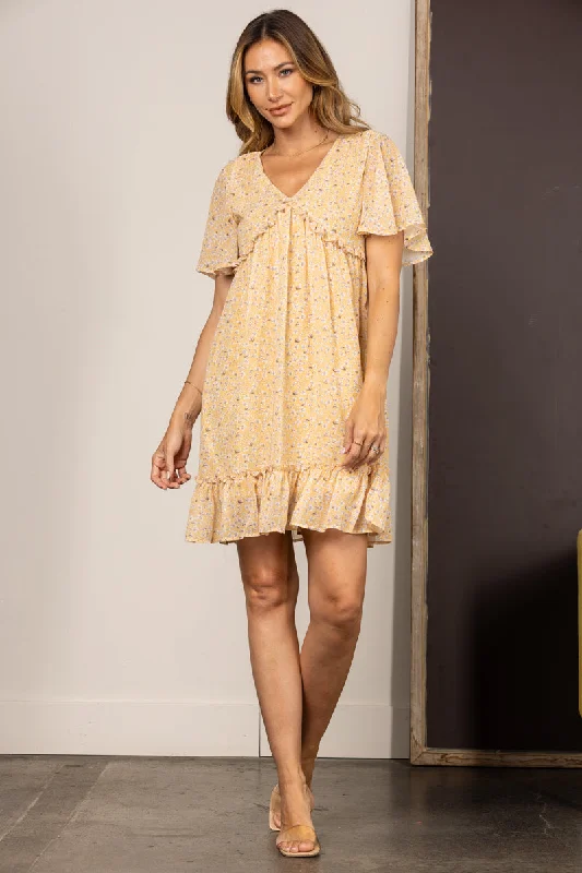 YELLOW CHIFFON FLORAL BELL SLEEVES RUFFLED MINI DRESS SD63921 Cozy A-Line Mini Dress