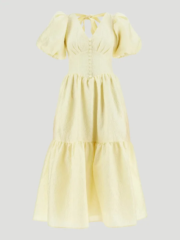 Yellow Jacquard Midi Dress Trendy Ruched Side Midi Dress