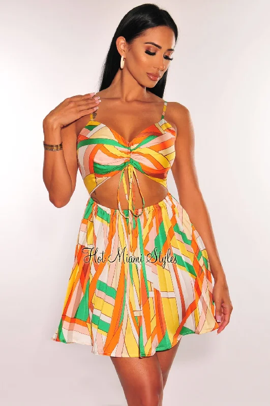 Yellow MultiColor Print Spaghetti Strap Ruched Cut Out Pleated Mini Dress Trendy A-Line Mini Dress