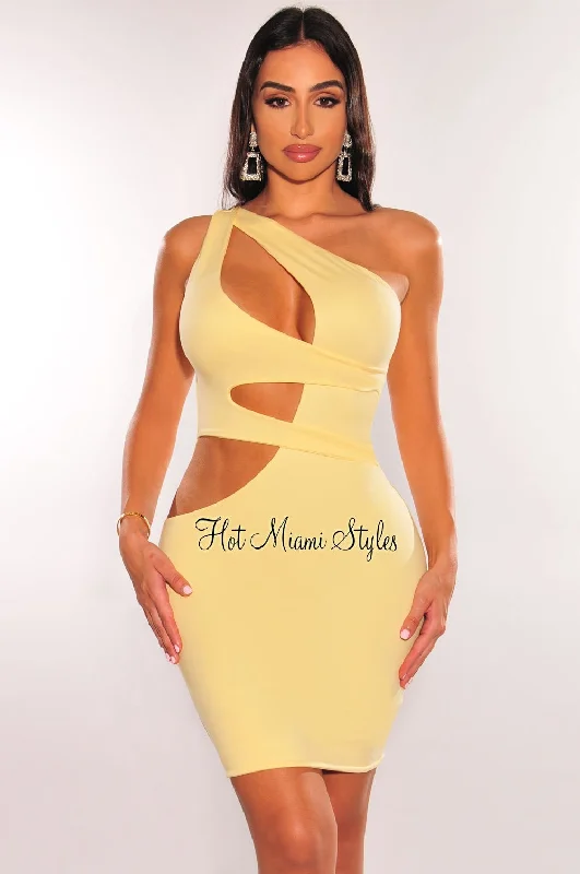 Yellow One Shoulder Cut Out Mini Dress Elegant Lace Mini Dress