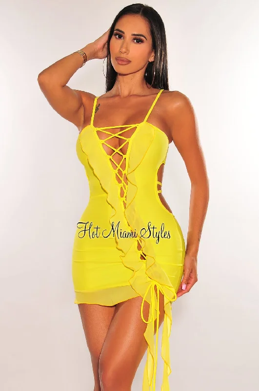 Yellow Spaghetti Straps Lace Up Ruffle Strappy Back Mini Dress Trendy Lace Mini Dress