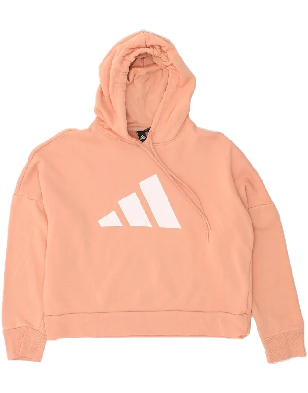 ADIDAS Womens Crop Hoodie Jumper UK 12/14 Medium Pink Cotton Hoodie with Emblem Brand Identity