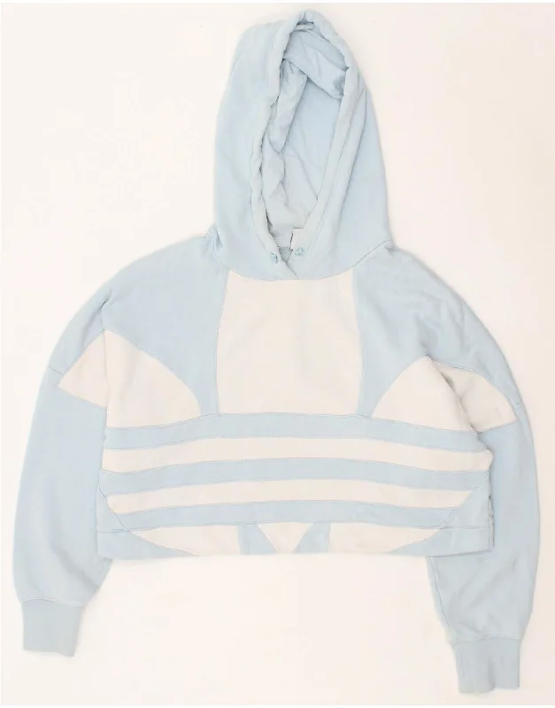 ADIDAS Womens Graphic Crop Hoodie Jumper UK 10 Small Blue Cotton Hoodie with Typography Text Message