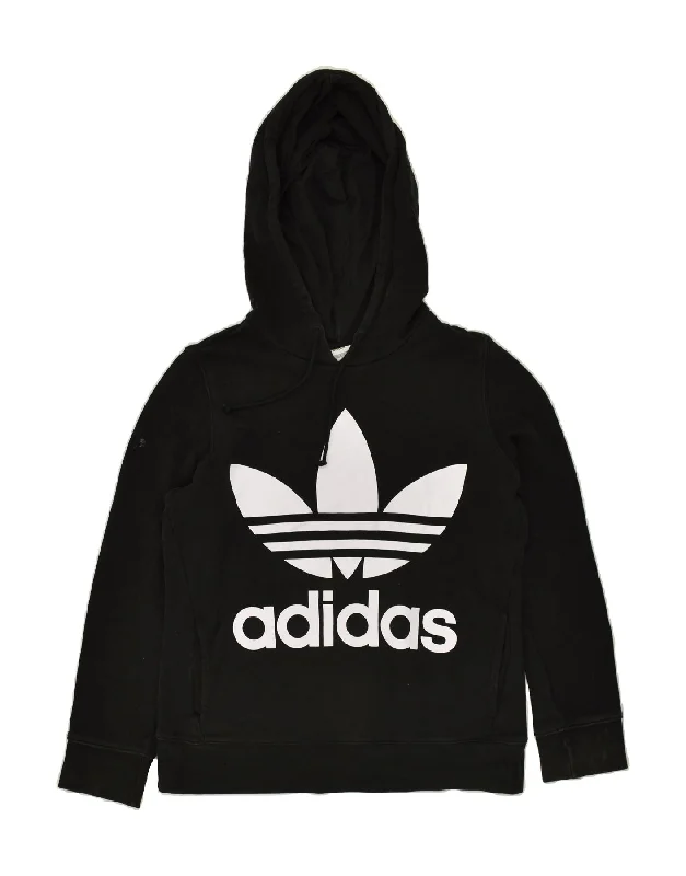 ADIDAS Womens Graphic Hoodie Jumper UK 10 Small  Black Cotton Hoodie with Magnetic Closure Innovative Modern