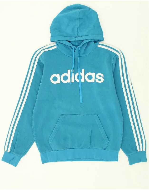 ADIDAS Womens Graphic Hoodie Jumper UK 10 Small Blue Cotton Hoodie with Hem Embroidery Detailed Premium