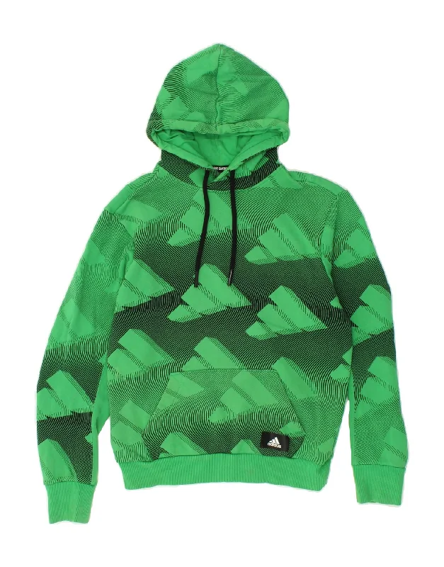 ADIDAS Womens Graphic Hoodie Jumper UK 10 Small Green Cotton Hoodie with Hem Embroidery Detailed Premium