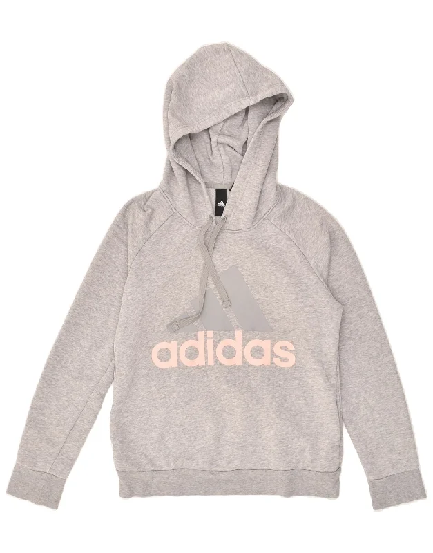 ADIDAS Womens Graphic Hoodie Jumper UK 10 Small Grey Cotton Hoodie with Mock Neck Collared Structured