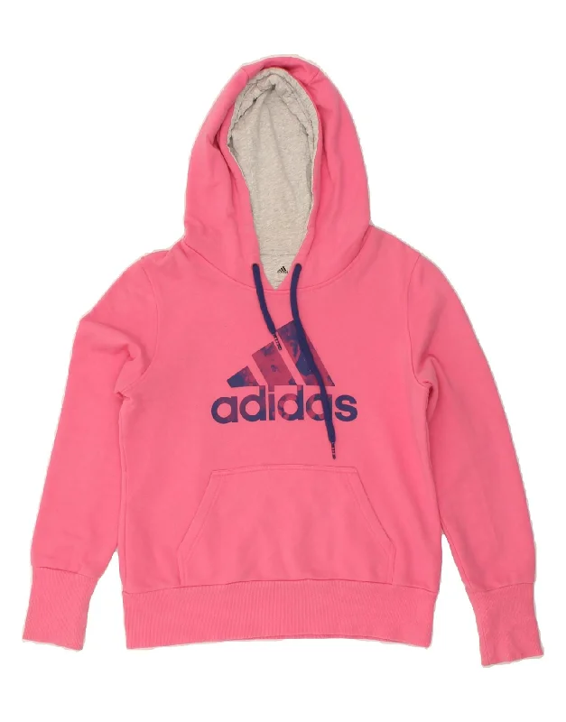 ADIDAS Womens Graphic Hoodie Jumper UK 10 Small Pink Cotton Hoodie with Crew Neck Simple Timeless