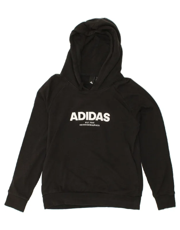 ADIDAS Womens Graphic Hoodie Jumper UK 12/14 Medium Black Cotton Hoodie with Ribbed Cuffs Snug Fit Comfort