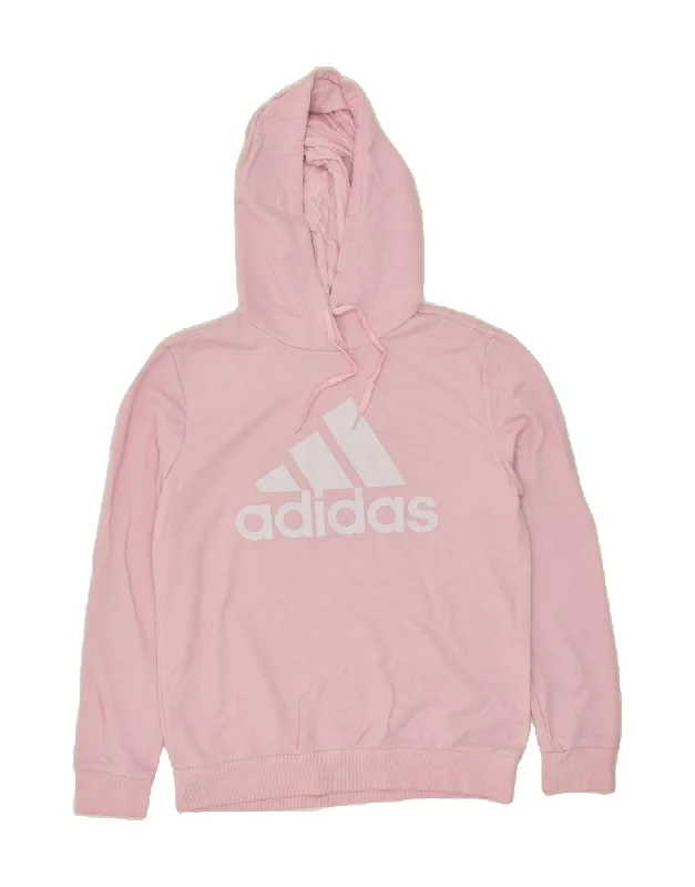 ADIDAS Womens Graphic Hoodie Jumper UK 12/14 Medium Pink Cotton Hoodie with Drawstring Waist Adjustable Fitted