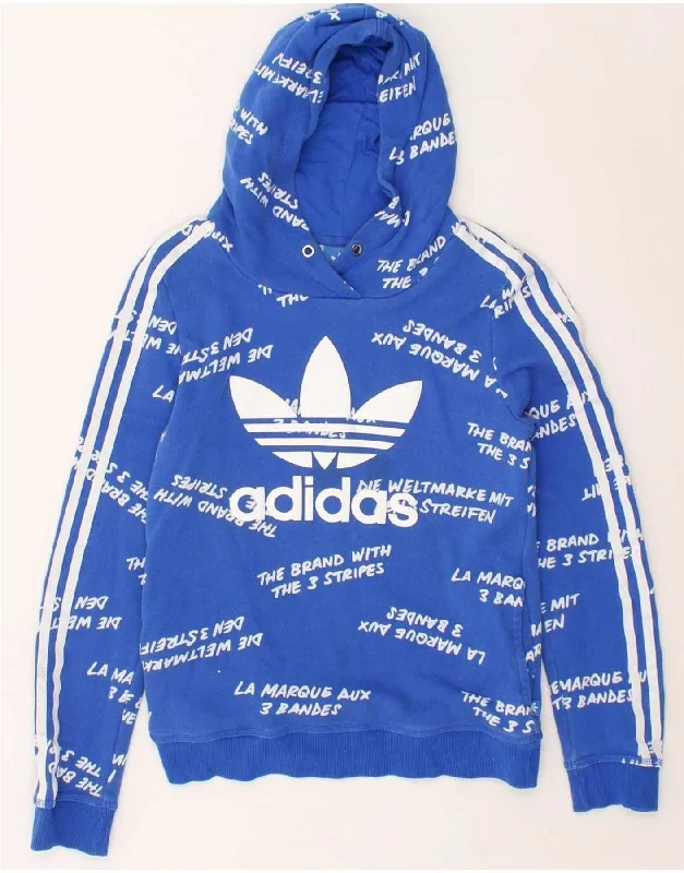 ADIDAS Womens Graphic Hoodie Jumper UK 12 Medium Blue Cotton Hoodie with Hem Ribbing Snug Secure