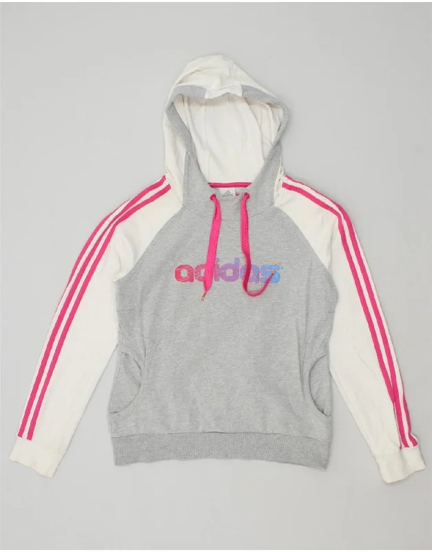 ADIDAS Womens Graphic Hoodie Jumper UK 14 Large Grey Colourblock Cotton Hoodie with Contrast Stitching Detailed Premium