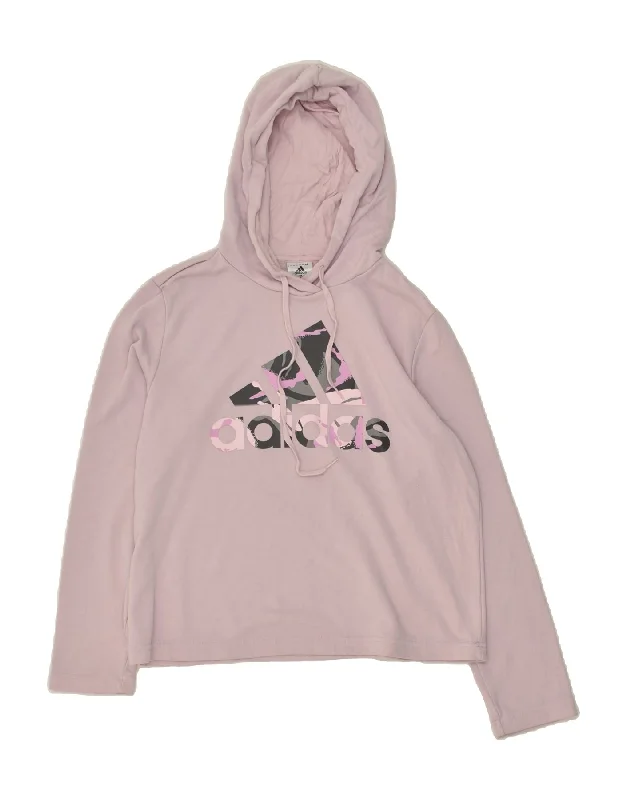 ADIDAS Womens Graphic Hoodie Jumper UK 16/ 18 Large Pink Cotton Hoodie with Thumb Holes Functional Cozy