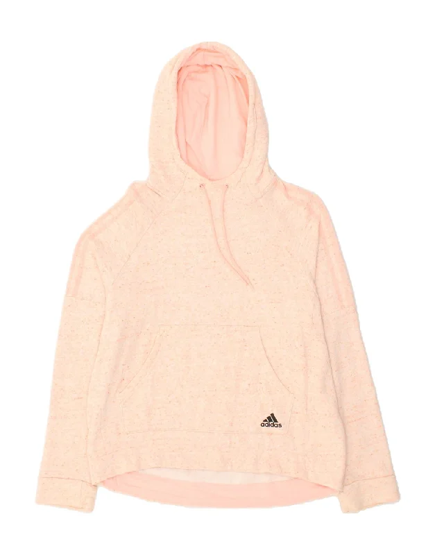 ADIDAS Womens Hoodie Jumper UK 12/14 Medium Pink Flecked Cotton Hoodie with Embroidery Detailed Premium