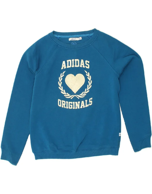 ADIDAS Womens Loose Fit Graphic Sweatshirt Jumper EU 36 XS Blue Cotton Hoodie with Fur Luxurious Winter