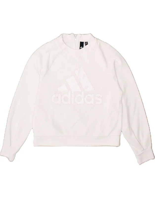 ADIDAS Womens Oversized Crop Graphic Sweatshirt Jumper UK 8/10 Small White Hoodie with Hem Fringe Bohemian Relaxed