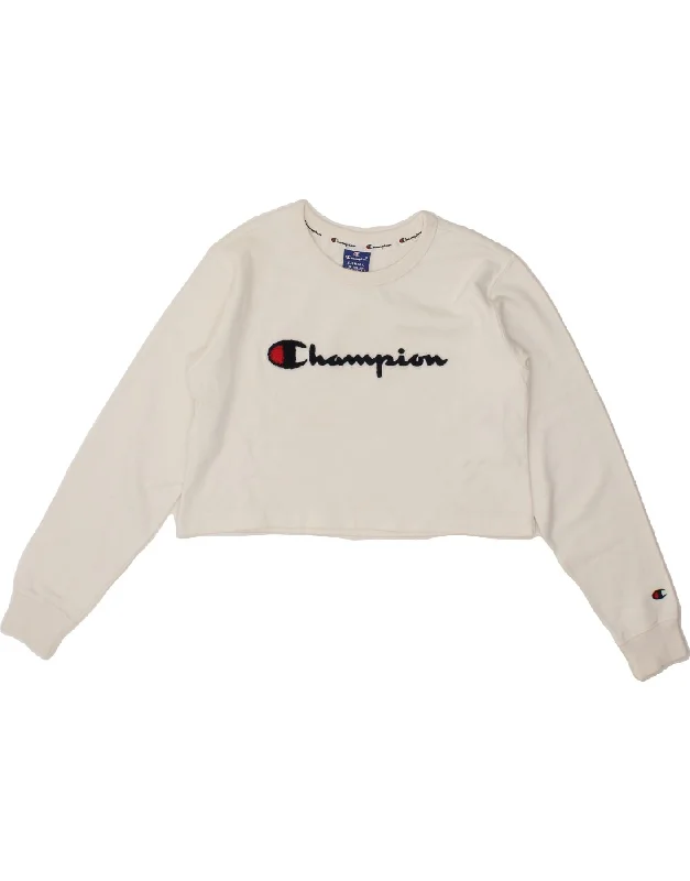 CHAMPION Womens Crop Graphic Sweatshirt Jumper UK 6 XS White Cotton Hoodie with Rhinestones Sparkly Elegant