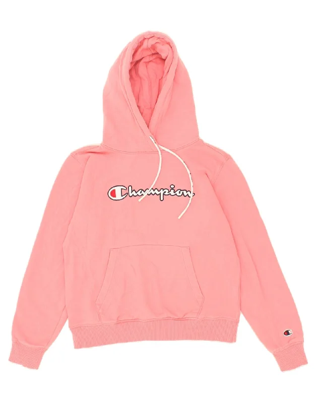 CHAMPION Womens Graphic Hoodie Jumper UK 10 Small Pink Cotton Hoodie with Rolled Sleeves Casual Relaxed