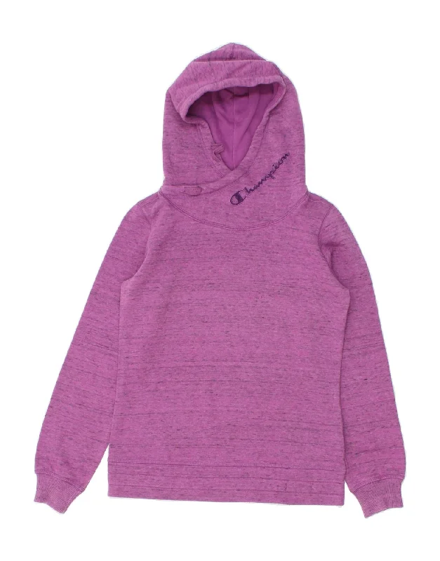 CHAMPION Womens Graphic Hoodie Jumper UK 6 XS Purple Flecked Cotton Hoodie with Logo Branding Identity