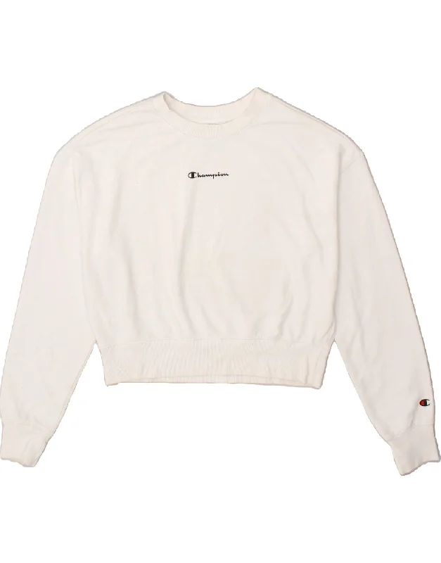 CHAMPION Womens Oversized Crop Sweatshirt Jumper UK 14 Medium White Cotton Hoodie with Hem Detail Decorative Unique