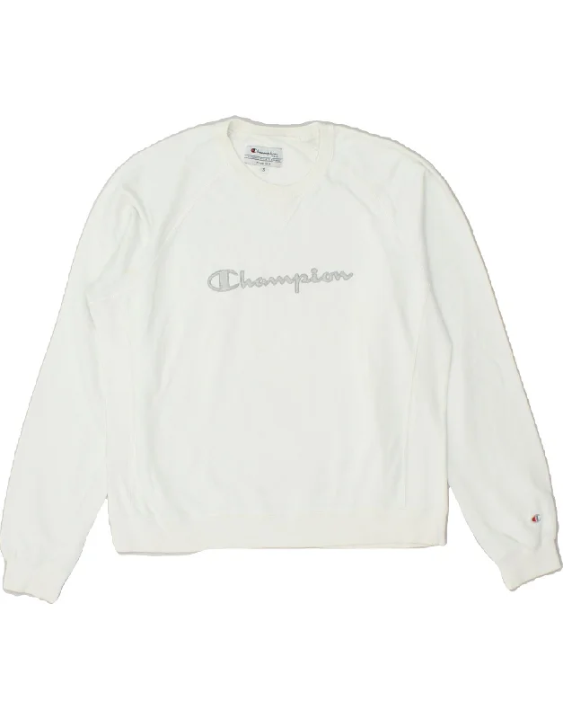 CHAMPION Womens Oversized Graphic Sweatshirt Jumper UK 10 Small White Hoodie with Distressed Vintage Worn