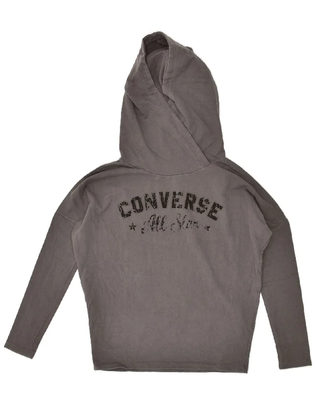 CONVERSE Womens Oversized Graphic Hoodie Jumper UK 6 XS Grey Cotton Hoodie with Tied Waist Feminine Flattering