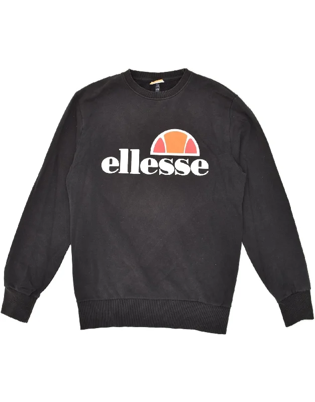 ELLESSE Womens Graphic Sweatshirt Jumper UK 14 Large Black Cotton Hoodie with Metallic Shiny Futuristic