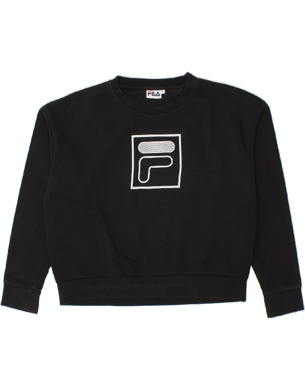 FILA Womens Graphic Sweatshirt Jumper UK 10 Small Black Cotton Hoodie with Front Slit Layering Stylish