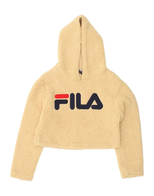 FILA Womens Hooded Fleece Jumper UK 10 Small Beige Polyester Hoodie with Half-Zip Sporty Casual