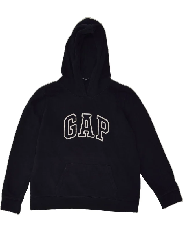 GAP Womens Graphic Hoodie Jumper UK 16 Large Navy Blue Cotton Hoodie with Hem Patch Decorative Personalized