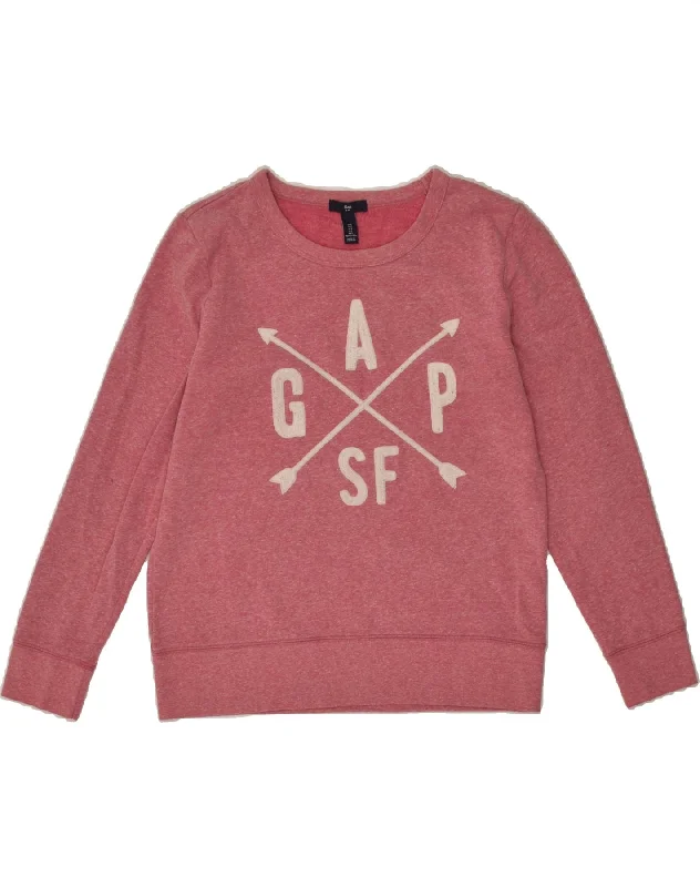 GAP Womens Graphic Sweatshirt Jumper UK 10 Small Pink Cotton Hoodie with Hem Raw Edge Edgy Unfinished